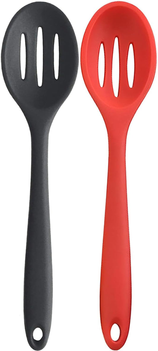 Linwnil 4 Pieces Silicone Slotted Spoons,10.6 Inch Nonstick Mixing Serving Spoons for Kitchen Cooking Bake Stir Draining Tool (2, Black&Red)
