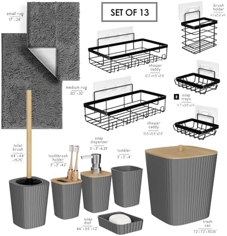 Clara Clark Bathroom Set - Grey Bathroom Accessories Set, 6PC Bathroom Accessory Set, Bathroom Sets with Bathroom Rugs, Adhesive Corner Shower Caddy Hanging, Toilet Brush, Trash Can & Soap Dispenser