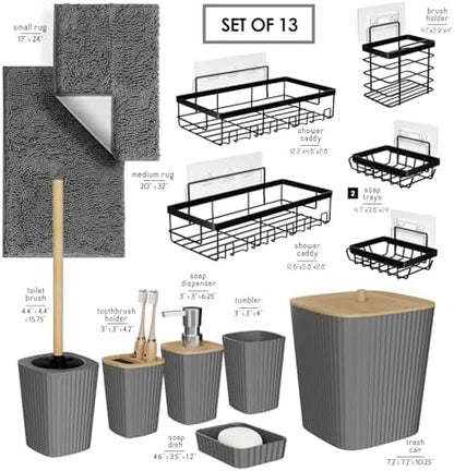 Clara Clark Bathroom Set - Grey Bathroom Accessories Set, 6PC Bathroom Accessory Set, Bathroom Sets with Bathroom Rugs, Adhesive Corner Shower Caddy Hanging, Toilet Brush, Trash Can & Soap Dispenser