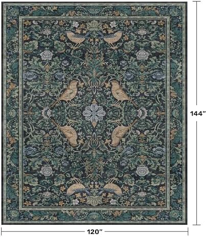 Cottagecore 10x12 Area Blue Rug for Living Room - Floral & Bird Soft Rugs for Bedroom, Washable Carpet for Dining Room Under Table, Vintage Olive Indoor Aesthetic Décor, Low Pile Stain Resistant
