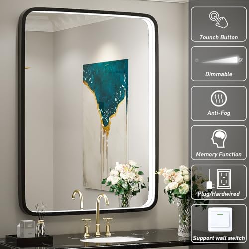 LED Bathroom Mirror,Black Frame,32x24 Inch