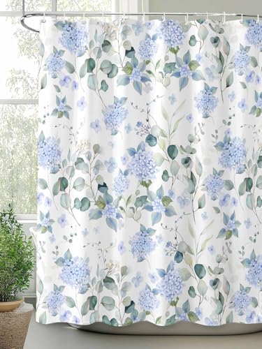 Shower Curtain Bathroom Set Summer Watercolor Blue Hydrangea Waterproof Fabric Shower Curtains with Grommets&Hooks Pastoral Eucalyptus Leaf Privacy Bath Curtain for Bathtub Decor 48x72IN