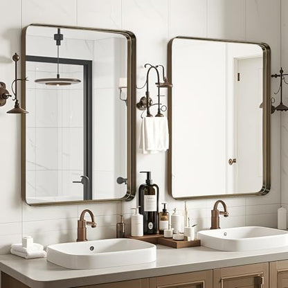 Fabuday Bathroom Wall Mirror 32x24 Inch - Bronze Metal Frame Over Sink Mirror for Bathroom, Rustic Bathroom Mirrors for Bedroom, Farmhouse, Hallway, Living Room Decor, Horizontal or Vertical Hanging