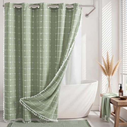 RiverDream Farmhouse No Hooks Shower Curtain with Snap-in Liner,Green,71x74