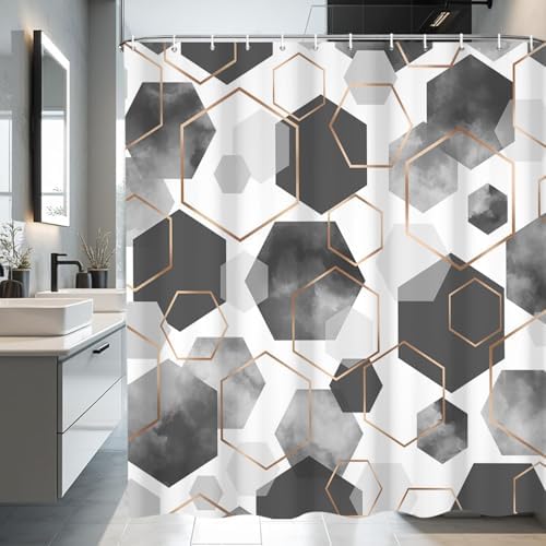 deFouliao Grey Modern Shower Curtain Geometric Grid Art Abstract Waterproof Bathroom Curtain for Bathtub Home Hotel Decor, Washable with Hooks, 72x78 Inch