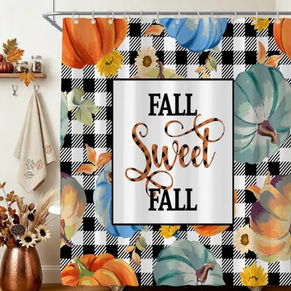 Fall Pumpkin Harvest Autumn Shower Curtain for Bathroom 72W*72H Inch Thanksgiving Rustic Black White Buffalo Plaid Maple Bathtub Autumnal Decor Waterproof Polyester Fabric Set with 12 Hooks