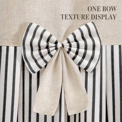 Farmhouse Shower Curtain Linen Bow Pleated Black Stripe 72"W x 72"L