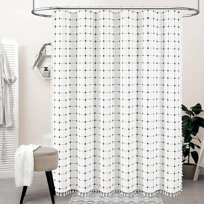 BTTN Extra Long Boho Farmhouse Linen Shower Curtain, 72x96, White and Black
