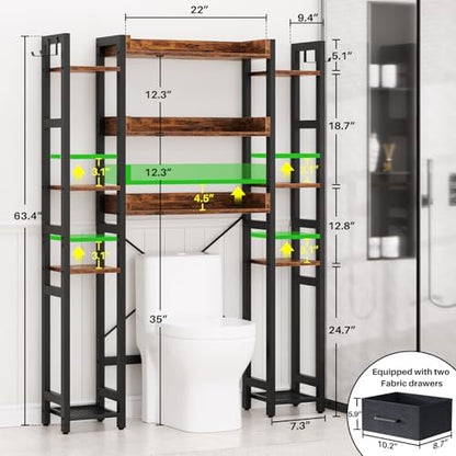 Besiost Over The Toilet Storage, 11 Tier Bathroom Organizer with Dual Side Racks and 2 Fabric Drawers, Adjustable Freestanding Rack Space Saver for Small Spaces, Rustic Brown