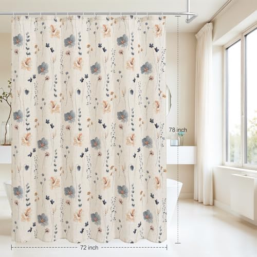 Gibelle Blue Linen Watercolor Floral Fabric Shower Curtain, 72x78