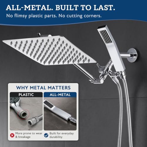 G-Promise All Metal 10" Dual Square Shower Head Combo | Rain Shower Head | Handheld Shower Wand | Adjustable | Smooth 3-Way Diverter | 71" Extra Long Hose - A Bathroom Upgrade (Chrome)
