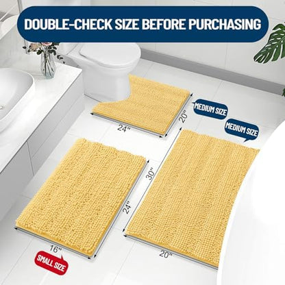 Grandaily Chenille Striped Bathroom Rugs 47x24, Extra Thick and Absorbent Bath Mats, Non-Slip Soft Plush Shaggy Shower Carpet, Machine Wash Dry, Bath Rug for Bathroom, Yellow