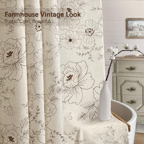 Farmhouse Floral Vintage Shower Curtain for Bathroom, Brown Embroidered