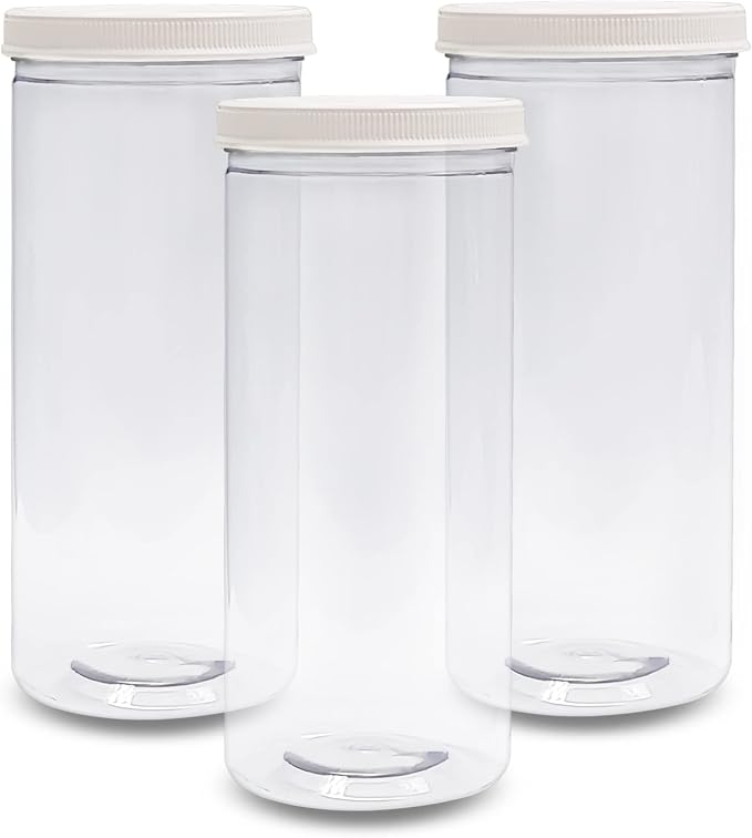 ljdeals 80 oz Tall Clear Plastic Jars with Lids, 2.5 Quart 10 Cup Cylinder Storage Containers, Wide Mouth PET Canisters, Pack of 3, BPA Free, Food Safe, Made in USA
