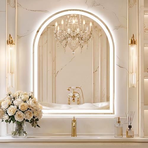 Arched LED Bathroom Mirror with Lights, 28" x 36" Lighted Vanity Mirror