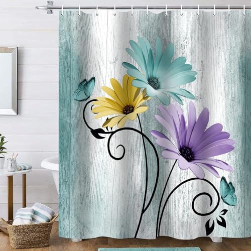 Onalasyc 4PCS Blue Green Daisy Bathroom Sets with Shower Curtain and Rugs