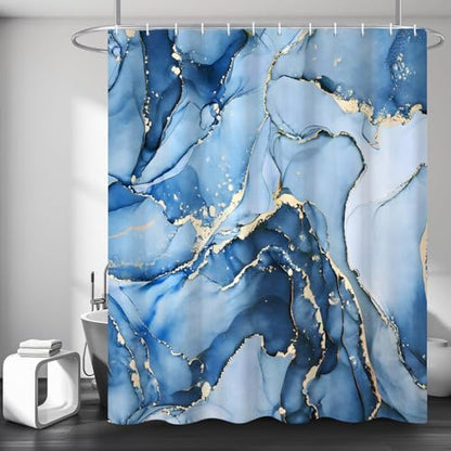 Blue Marble Shower Curtain, Modern Abstract Luxury Blue Gold Ink Texture Watercolor Art Bathroom Curtains Ombre Machine Washable Waterproof Fabric Bathtub Curtain Set with Hooks 66" Wx72 L