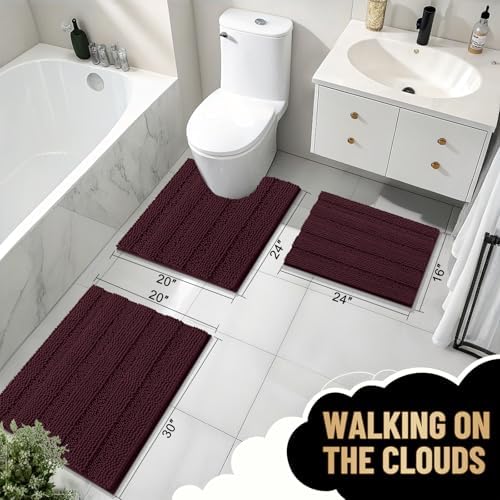 OLANLY Thick Bathroom Rugs 30x20, Chenille Striped Bath Rugs, Black Cherry