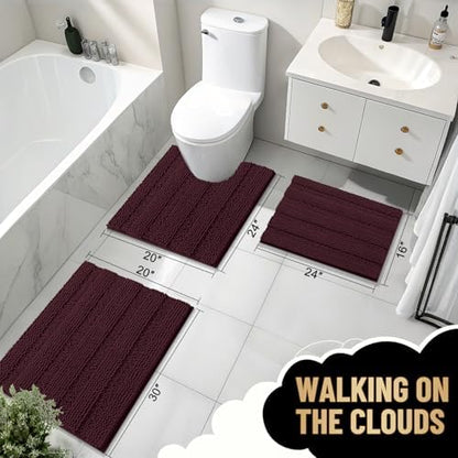 OLANLY Thick Bathroom Rugs 36x24, Chenille Striped Bath Rugs, Black Cherry
