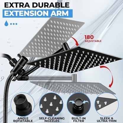 Shower Head, 8 inch Multifunction High Pressure Rain Shower Head with Handheld Spray Combo with 11'' Angle Adjustable Extension Arm/Flow Regulator/Shower System Matte Black