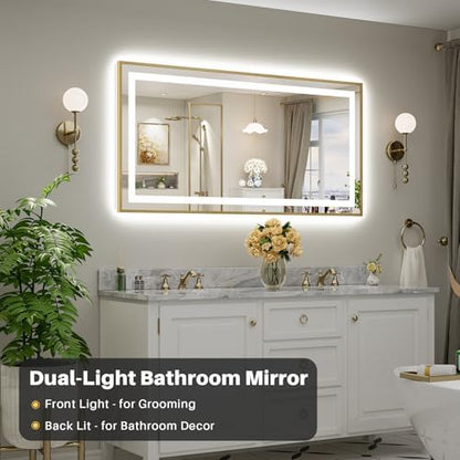 60x30 Inch LED Bathroom Mirror with Gold Frame, Backlit & Front Lit