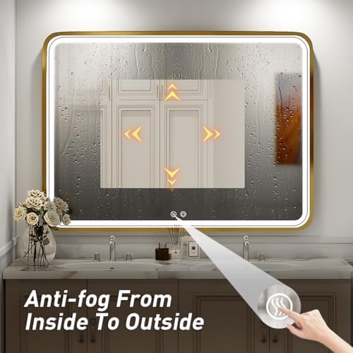 40x30 Inch Gold Frame LED Bathroom Mirror,ETL Listed