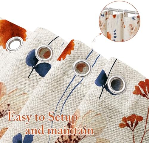 Gibelle Orange Navy Linen Watercolor Floral Fabric Shower Curtain, 72x72