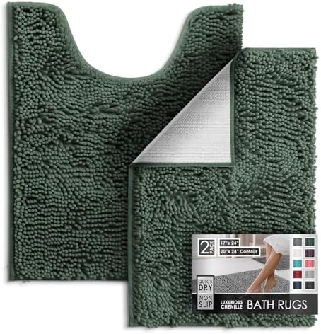 Hearth & Harbor Bathroom Rugs, Chenille Bath Mat - Machine Washable Bath Mats for Bathroom Non-Slip Backing Rubber, Quick Dry Bathroom Mat - Hunter Green 17x24-20x24