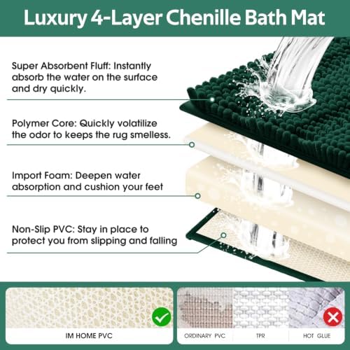 Christmas Striped Deep Green Bathroom Rug Set 3 Pieces Ultra Soft, Non Slip Chenille Bath Carpet, Absorbent Plush Shaggy Bath Mats for Bathroom, Toilet, Bedroom, Kitchen