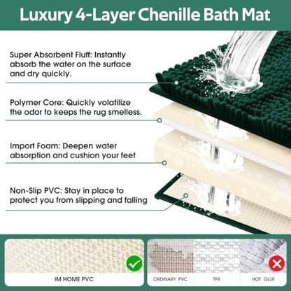 Christmas Striped Deep Green Bathroom Rug Set 3 Pieces Ultra Soft, Non Slip Chenille Bath Carpet, Absorbent Plush Shaggy Bath Mats for Bathroom, Toilet, Bedroom, Kitchen