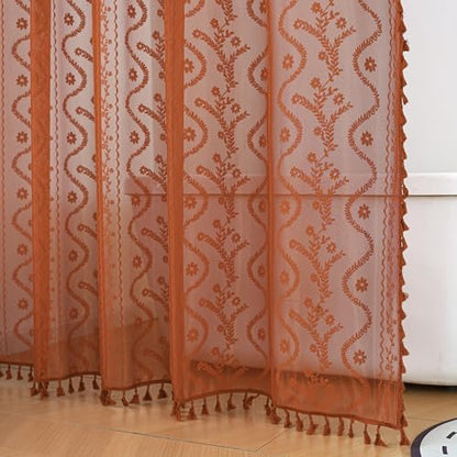 WAZZIO Bunrt Orange Lace Shower Curtain for Bathroom 72" W x 72" L, Victorian Farmhouse Floral Pattern Tassel Fancy Shower Curtain Boho Washable Cloth Decorative Bath Curtains,1 Panel