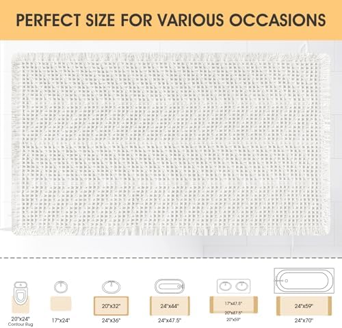 Upgrade Waffle Bath Mat, Boho Bathroom Rugs Absorbent Non Slip, Ultra Soft Bathroom Mat, Machine Washable Knit Bath Rugs with Herringbones for Bathroom, Bedroom, Kitchen, Shower, Tub, 32"x20", White
