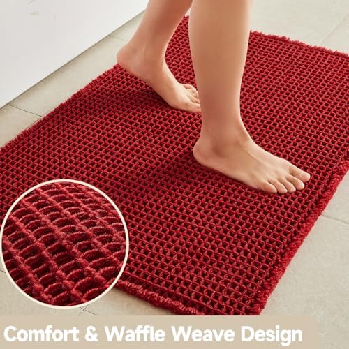TYUU Waffle Bath Mat, Boho Bathroom Rugs Non Slip, 48x24 Burgundy