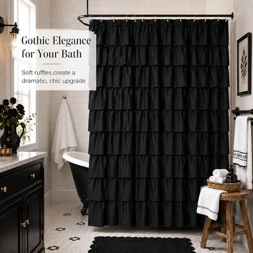 Black Ruffle Shower Curtain for Bathroom, 72x72, Cascading Layered Ruffles