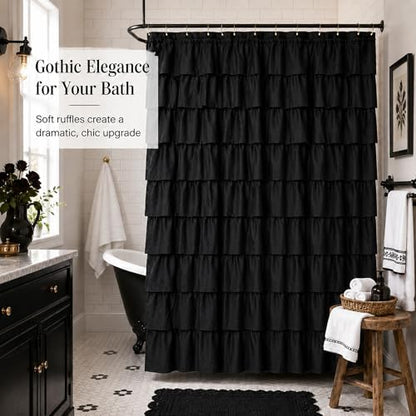 Black Ruffle Shower Curtain for Bathroom, 72x72, Cascading Layered Ruffles