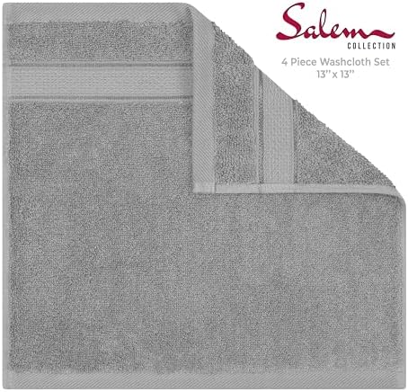 American Soft Linen Salem Washcloth Sets, 4 Piece Luxury 600 GSM 100% Cotton Washcloths for Bathroom, 13x13 inches Washrags Premium Quality Hand Face Towels, Light Grey