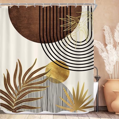 Mid Century Brown Boho Abstract Modern Beige Bathroom Shower Curtain Set