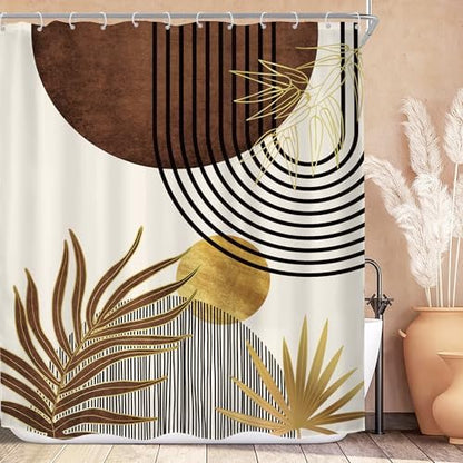 Mid Century Brown Boho Abstract Modern Beige Bathroom Shower Curtain Set