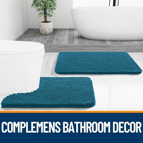OLANLY Chenille Bathroom Rugs Sets 2 Piece, 36"x24"+24"x20", Peacock Blue