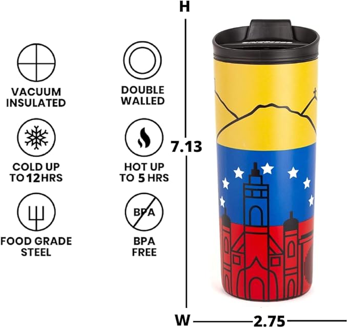 Venezuela Vacuum Insulated Stainless Steel Thermal Travel Mug, 16 oz, Easy Clean, Flip leak Proof Lid Venezuelan Flag