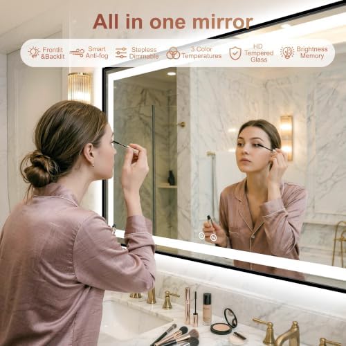 LED Bathroom Mirror with Lights, 30"x55" Black Framed Lighted Vanity Mirror