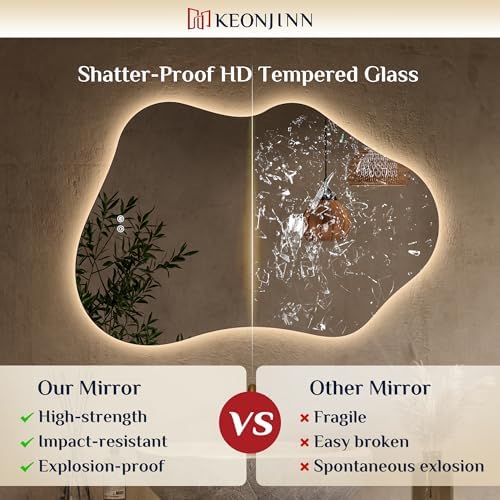 Keonjinn 48 x 30 Inch Irregular Backlit Bathroom Mirror, HD Tempered Glass