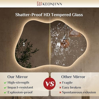 Keonjinn 48 x 24 Inch Asymmetrical Backlit Bathroom Mirror, Tempered Glass