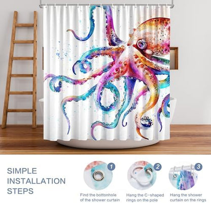 Novelty Summer Shower Curtain Octopus, Nautical Beach Shower Curtain Kraken Ocean Waterproof Polyester Fabric Machine Washable Kids Bathroom shower curtains Decor Bath Curtains with Hooks, 72 x 72