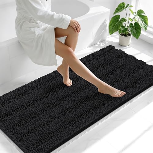 Smiry Thick Chenille Bathroom Runner Rugs 59x24, Absorbent Bath Mat, Black