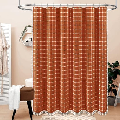 BTTN Long Boho Farmhouse Linen Fabric Shower Curtain, 72x84, Burnt Orange