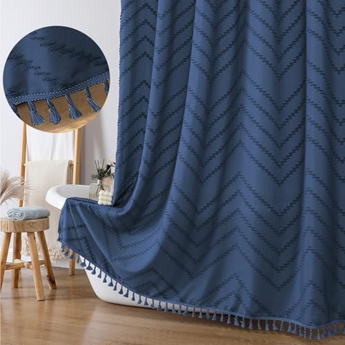 OWENIE Boho Shower Curtain, Dusty Blue Fabric Cloth Shower Curtains Farmhouse Tufted Chevron Striped Textured with Tassel for Bathroom, Soft Hotel Style Modern Minimalist, Machine Washable, 72x72