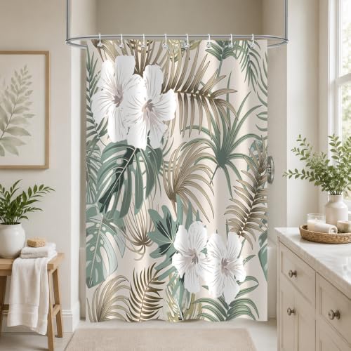 Tropical Shower Curtain for Bathroom, Green Palm Tree Flower Plant Boho Leaf Banana Monstera Sage Beige Shower Curtains Set, Fabric Bathroom Accessories with Hooks 47x64 Inch