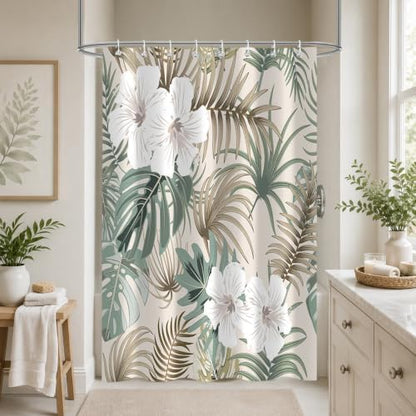 Tropical Shower Curtain for Bathroom, Green Palm Tree Flower Plant Boho Leaf Banana Monstera Sage Beige Shower Curtains Set, Fabric Bathroom Accessories with Hooks 47x64 Inch