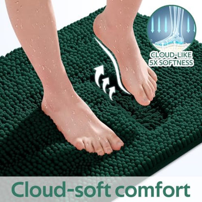 Christmas Striped Deep Green Bathroom Rug Mat Set 2 piece 32"x20"+60"x20" Ultra Soft, Non Slip Chenille Bath Rugs, Absorbent Plush Shaggy Bath Mats for Bathroom, Bedroom, Kitchen, Shower, Tub